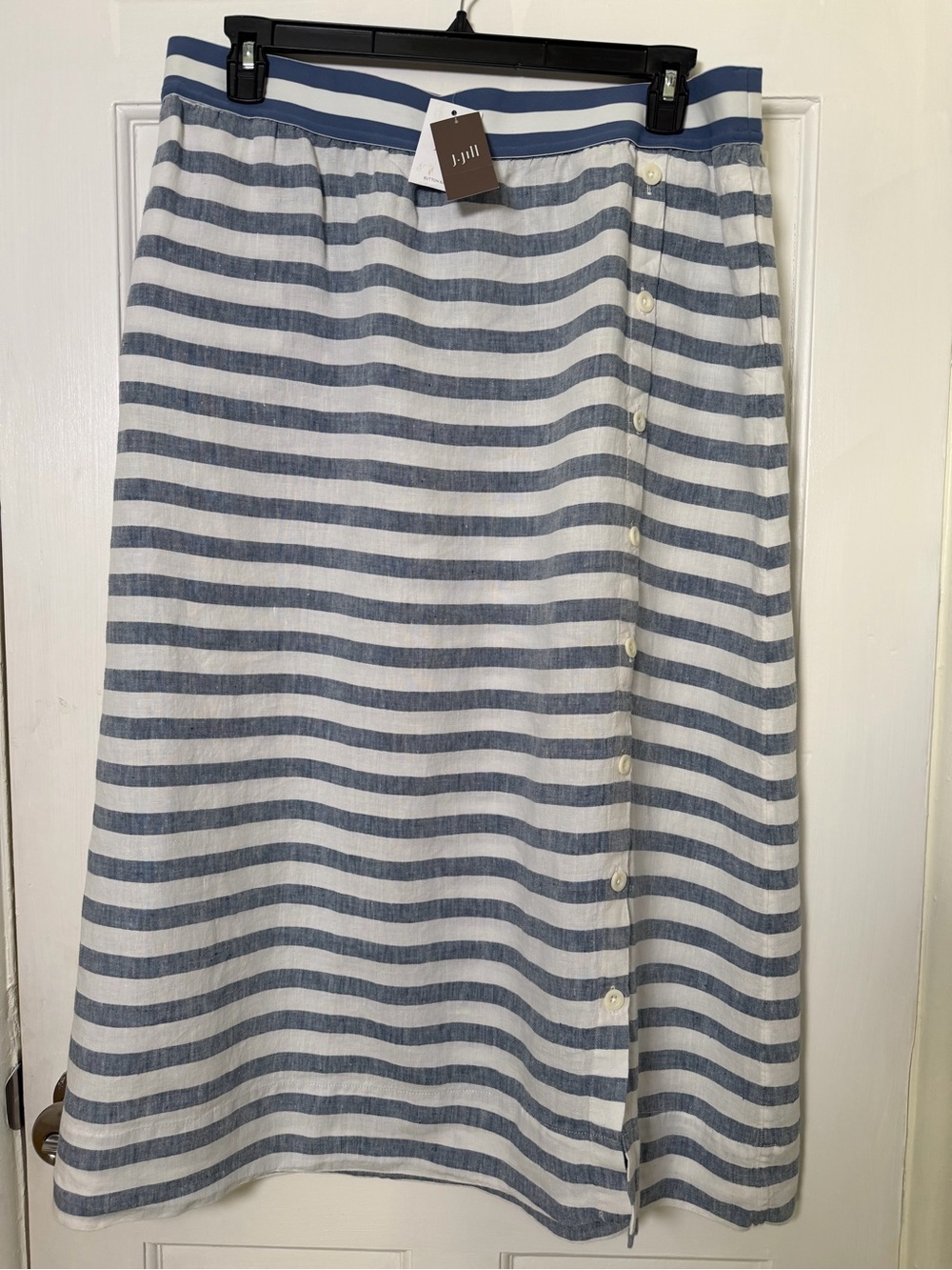 J. Jill Navy and White Striped Button-Front Midi Skirt